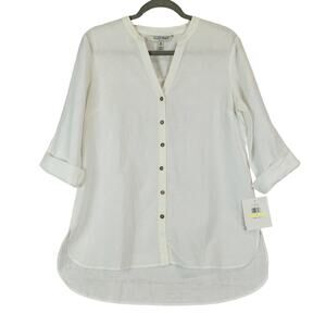 Ellen Tracy White Linen Shirt Size M Buttoned Tunic Top Roll Cuffed Sleeves  NWT